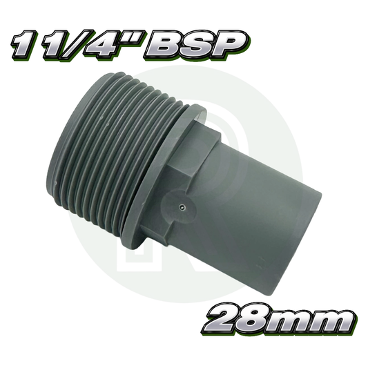 Grey 1¼ inch BSP male threaded tank connector with 28mm plain tail connection