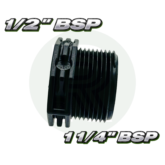 1 1/4” BSP male x 1/2” BSP female reducing bush adapter made from durable black plastic.