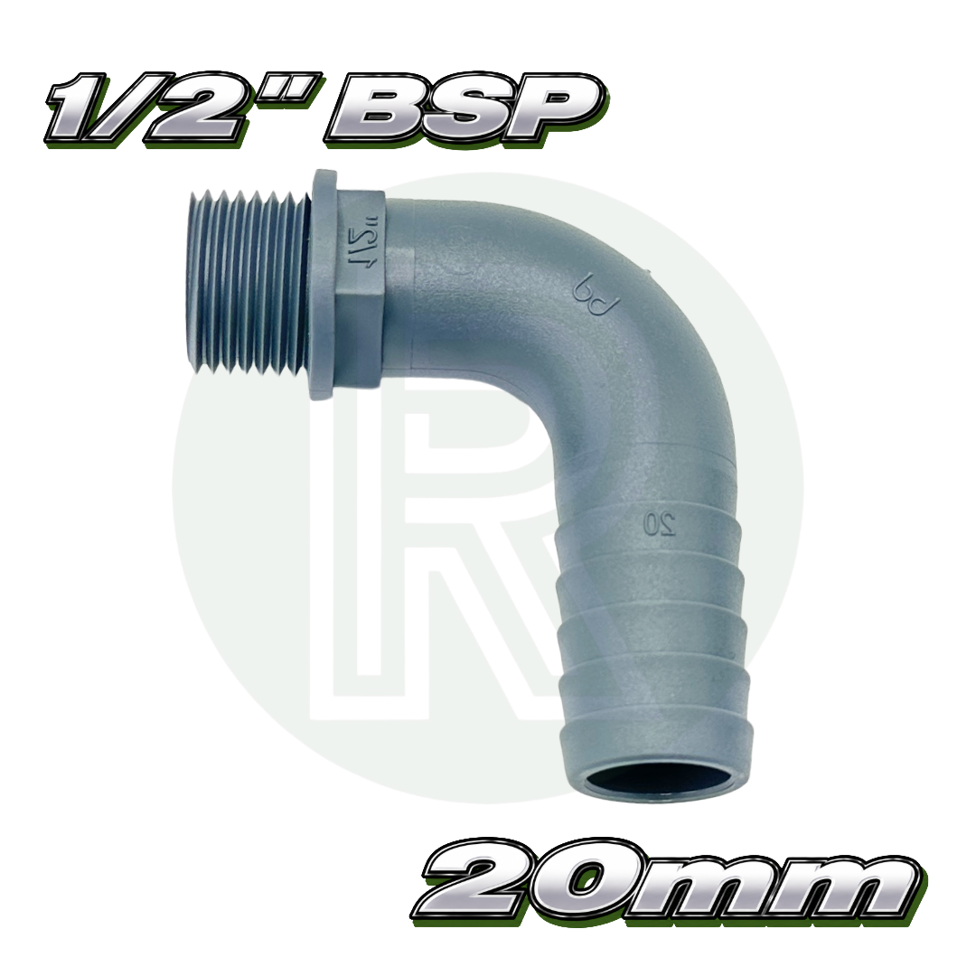 1/2" BSP Male to 3/4" (20mm) Male Grey 90 Degree Barbed Hose Tail