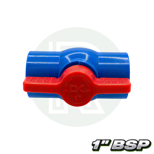 Blue 1 inch BSP 32mm threaded PVC isolation ball valve with red lever handle side view
