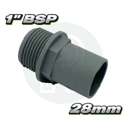 Grey 1 inch BSP male threaded adaptor with 28mm female rigid waste pipe connection