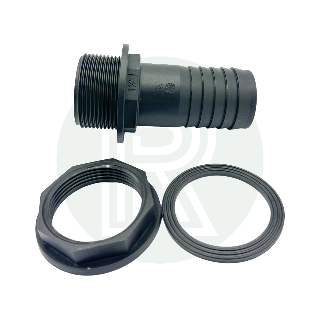 1 1/2 inch BSP to 40mm hose tail fitting with nut and washer for water tank