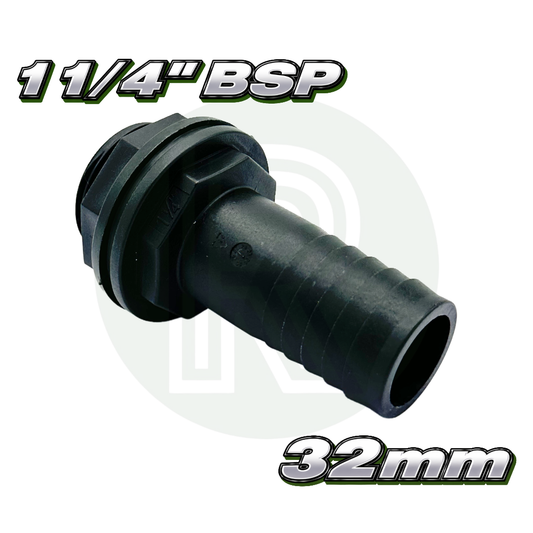 1 1/4 inch BSP to 32mm hose tail tank fitting black plastic straight connector