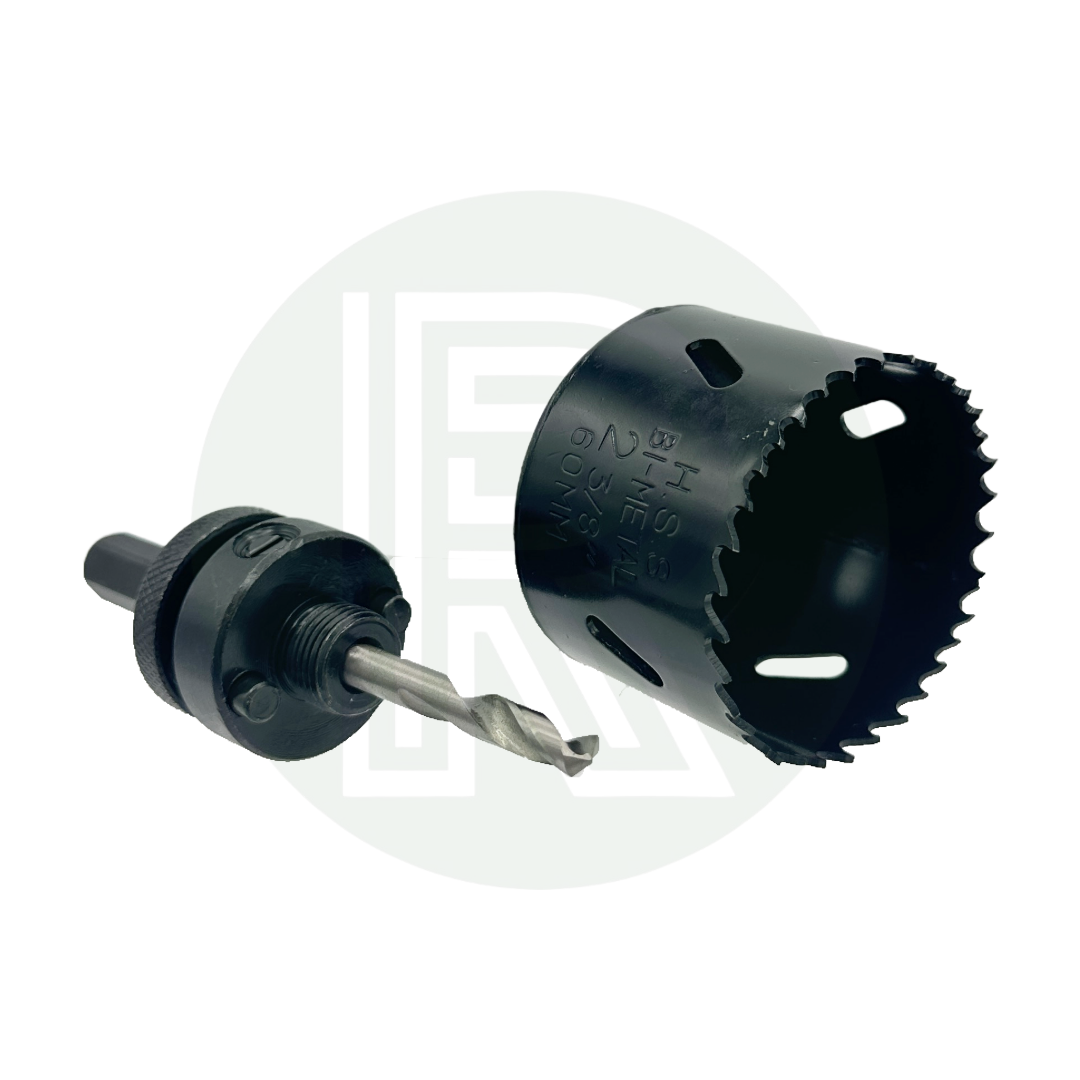 hole saw drill bit attached to power drill for installing 1.5 inch Kwiq tank fitting