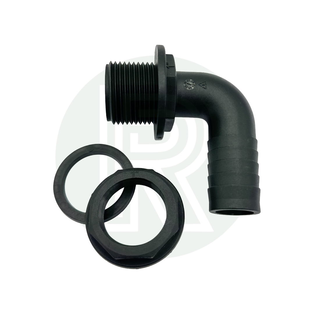 1 inch BSP to 25mm hose tail elbow with nut and washer for water tank