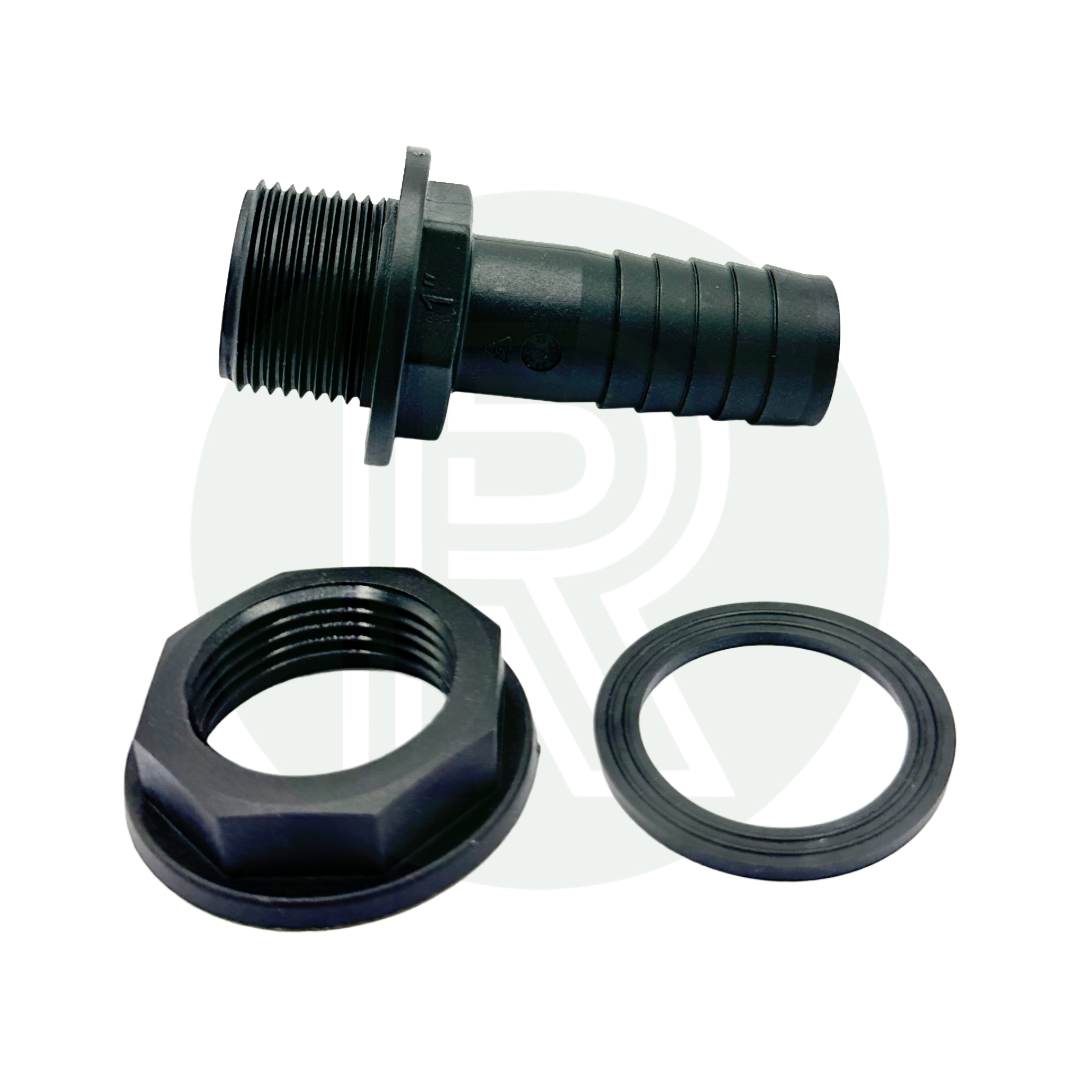 1 inch BSP to 25mm hose tail fitting with nut and washer for water tank