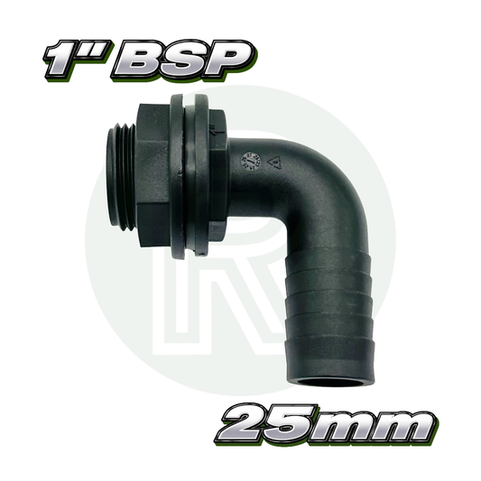 1 inch BSP 25mm hose tail elbow water tank connector fitting black plastic