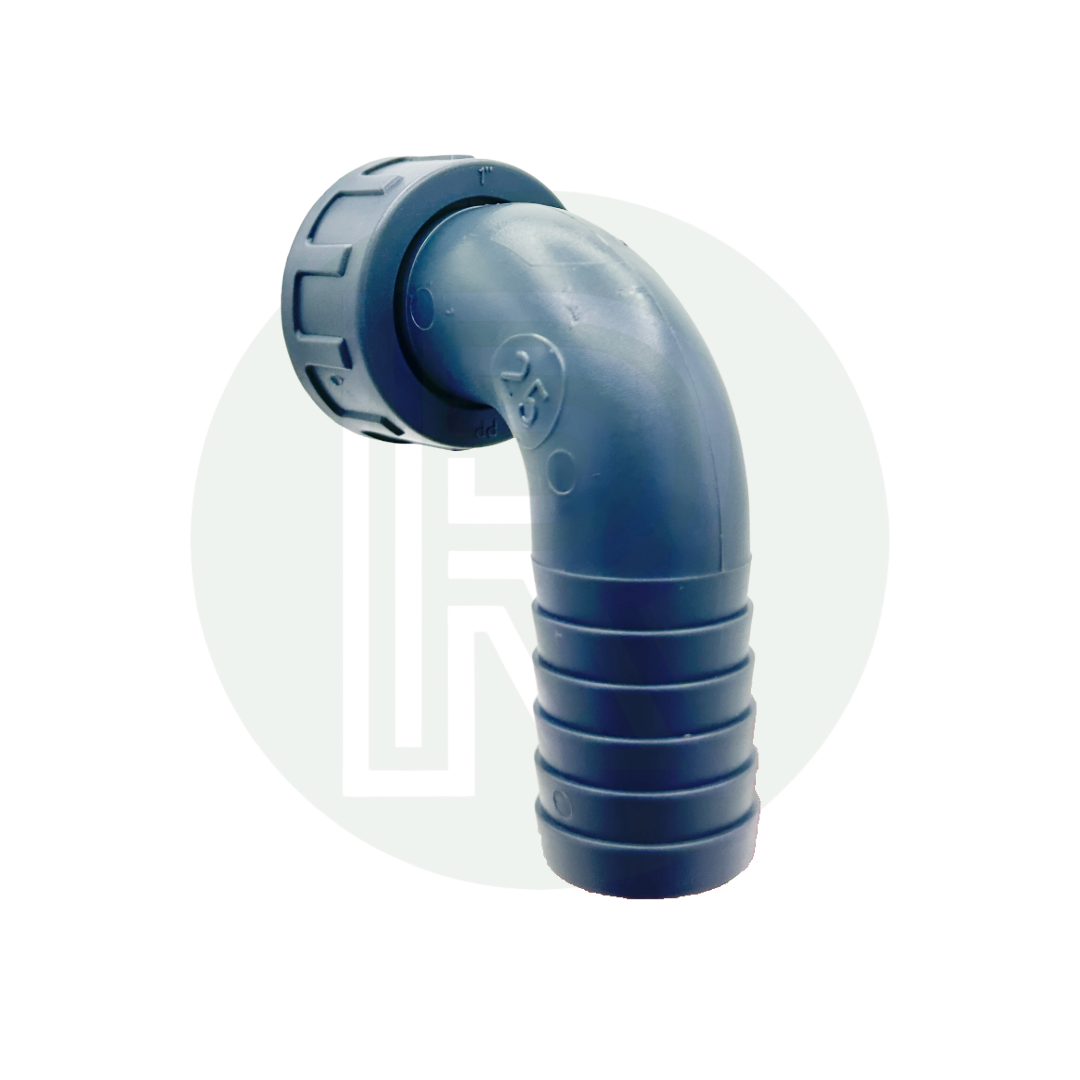 Grey plastic 90-degree hose tail connector featuring a 1-inch BSP female thread and 25mm barbed hose fitting.