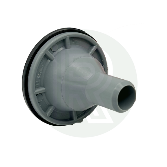 Rear view of grey sink waste fitting with 20mm push fit connection for caravan and motorhome plumbing systems
