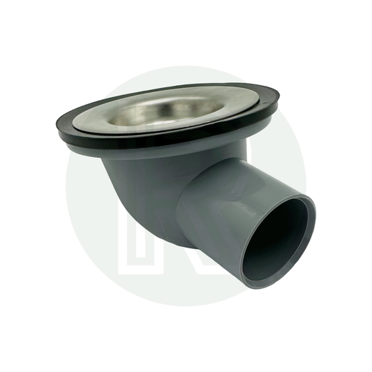 Grey angled sink waste fitting with 28mm push fit connection for caravan and motorhome waste water systems