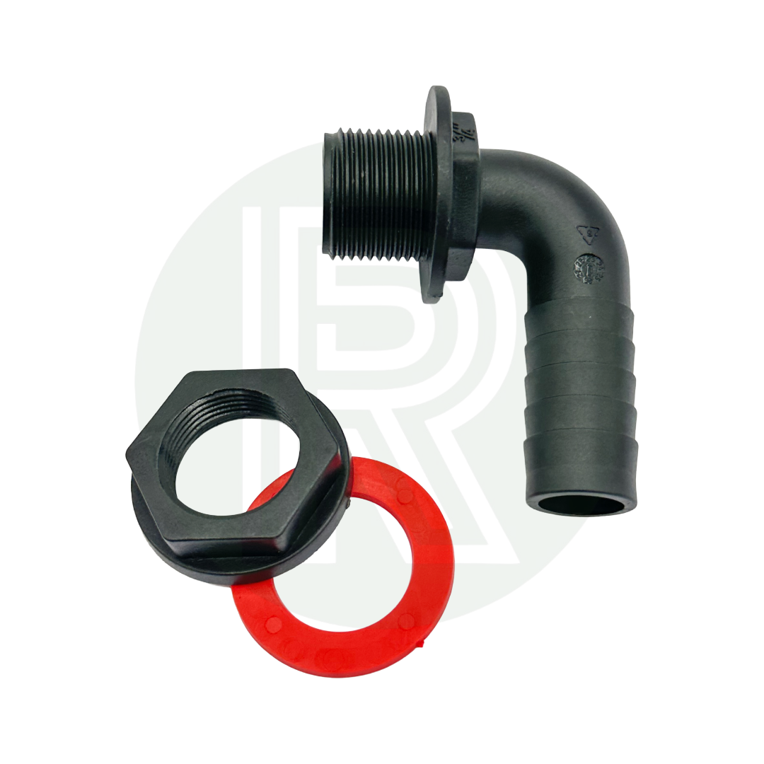 3/4 inch BSP to 19mm hose tail elbow with nut and washer for water tank