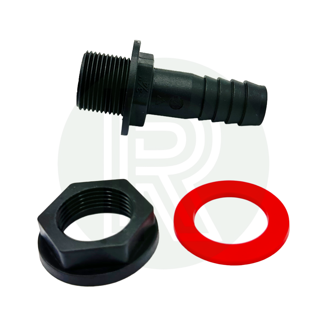3/4 inch BSP to 19mm hose tail tank connector with nut and washer black plastic