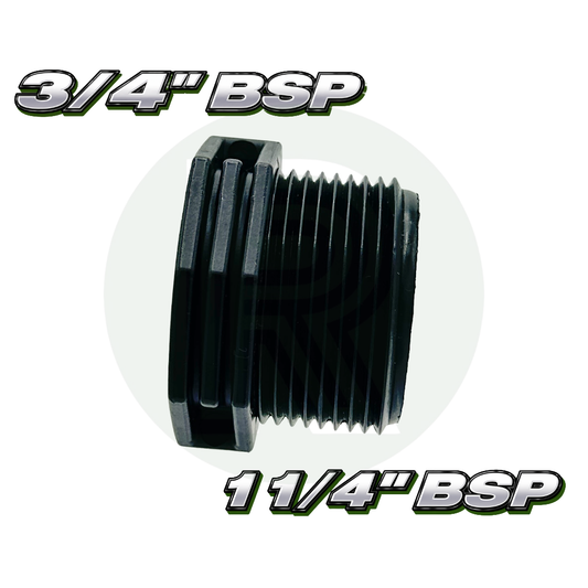 Black threaded reducing bush fitting with large male BSP thread and smaller female BSP threaded opening.