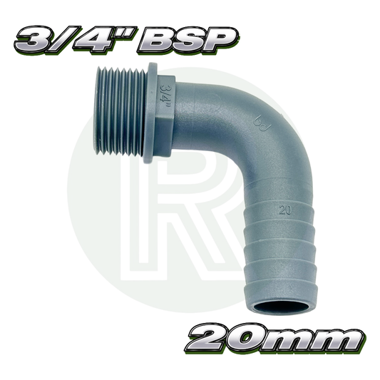 3/4" BSP Male to 3/4" (20mm) Male Grey 90 Degree Barbed Hose Tail