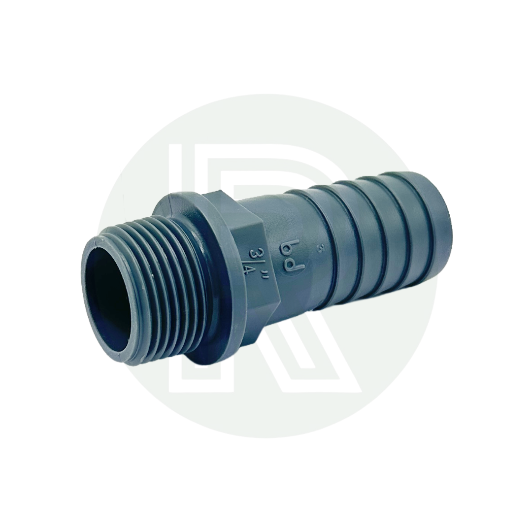 Durable polypropylene hosetail fitting designed to connect 25mm flexible hose to 3/4-inch BSP threaded systems.