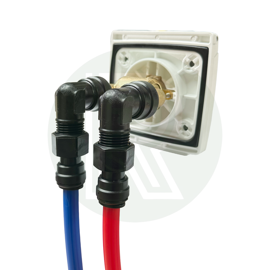 90 degree push fit elbow adapter with male thread connected to hot and cold water lines on outdoor shower point.