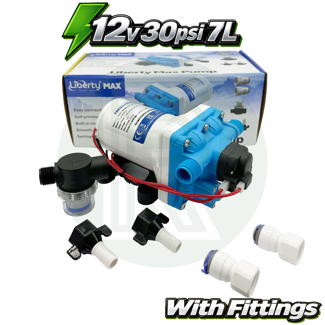 12V Water Pump 30PSI 7L Caravan Campervan Motorhome Filter + Fittings Kit