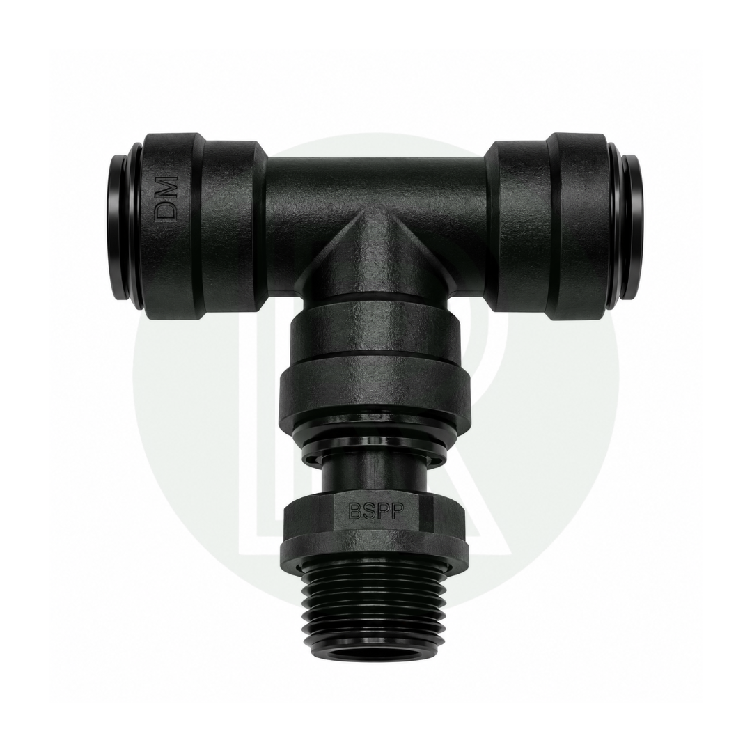 DMfit 15mm Push-fit Female Swivel Tee to 1/2" BSPP Male Thread