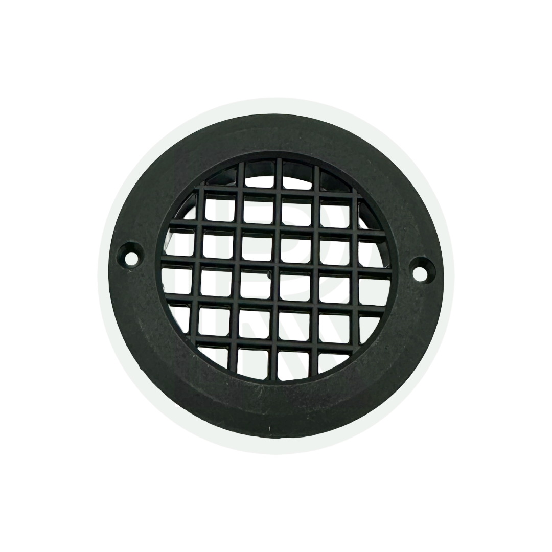 Black round ventilation grille with fixing holes for campervan caravan and motorhome conversions