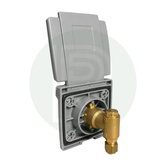 Rear view of Bullfinch grey external gas BBQ outlet point showing brass LPG connection and mounting assembly