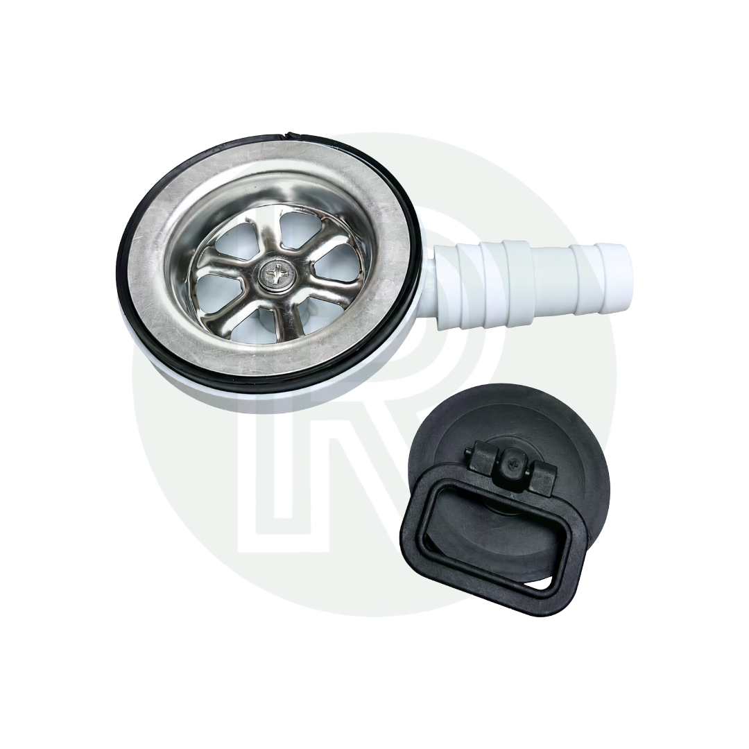 White angled CAN sink waste with removable strainer basket and plug for caravan motorhome campervan and boat