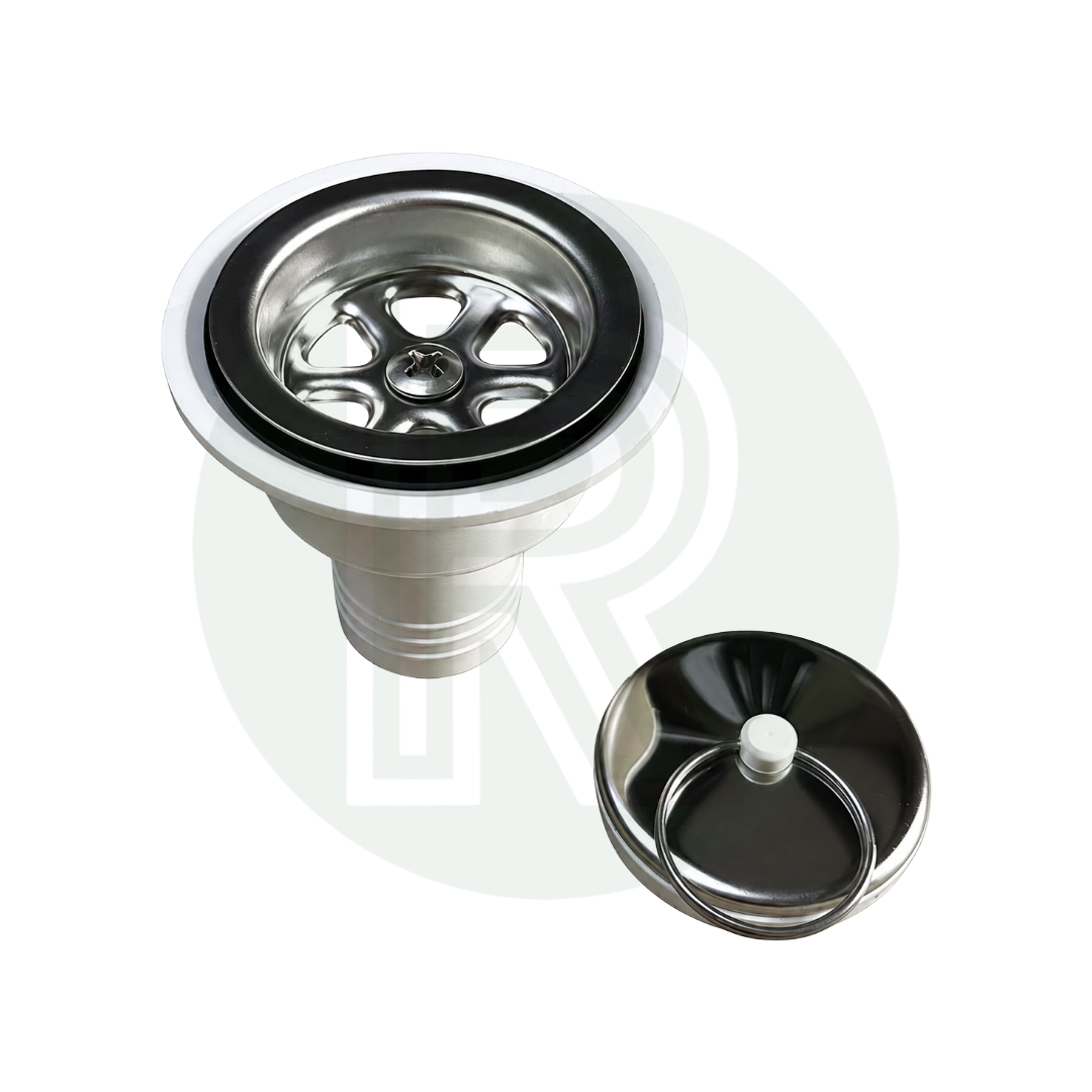 Dometic SMEV white sink waste with removable strainer basket removed showing drain opening