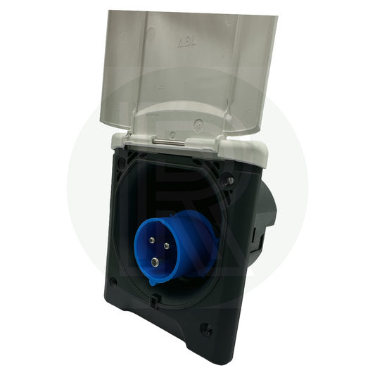 FAWO white 240V mains inlet with magnetic flap open showing 16A electric hook up socket