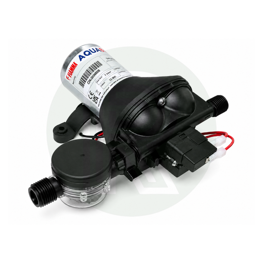 Angled view of Fiamma Aqua 8F 12V 7Ltr water pump with removable inline strainer