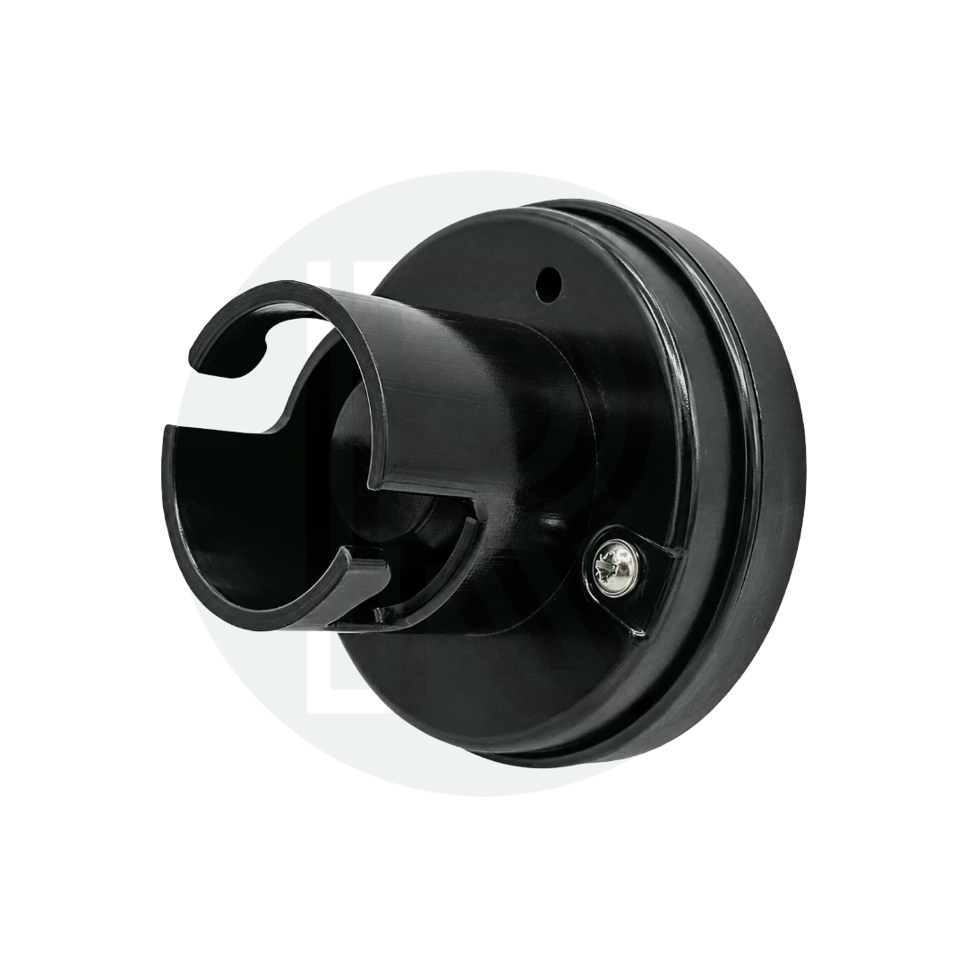 Angled view of a black 70mm Gaslow replacement gas filler point cap for external LPG filling points on caravans, motorhomes and campervans.