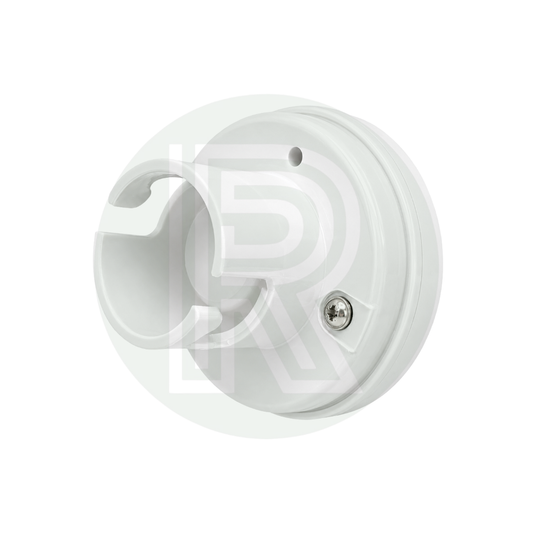 Angled view of a white 70mm Gaslow replacement gas filler point cap for external LPG filling points on caravans, motorhomes and campervans.