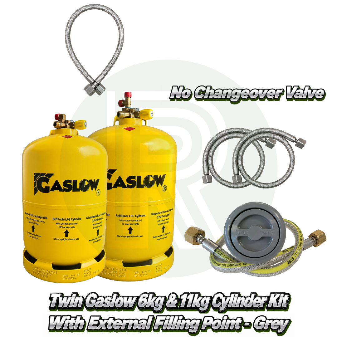 Twin Gaslow 6kg and 11kg refillable LPG cylinder kit with grey external filling point, no changeover valve, mounting bracket, fill hoses and connection hose for caravans, motorhomes and campervans.