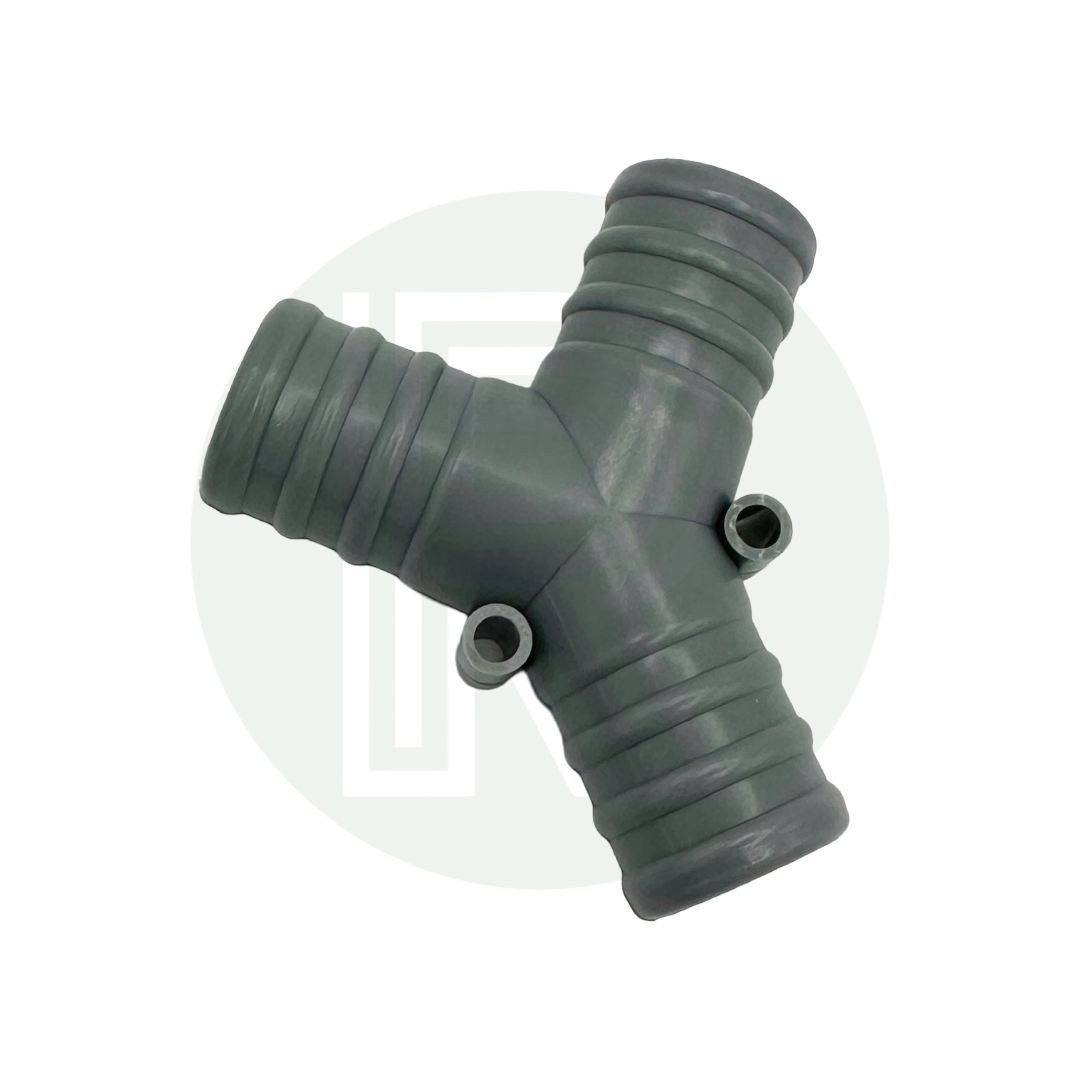 Grey Y hose splitter connector for joining or dividing water flow in campervan and caravan plumbing systems