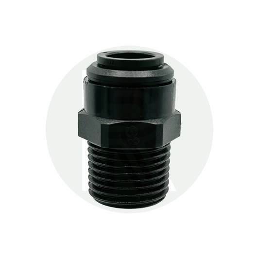 Front view of John Guest Speedfit 12mm female to 1/2 inch BSPT male adaptor