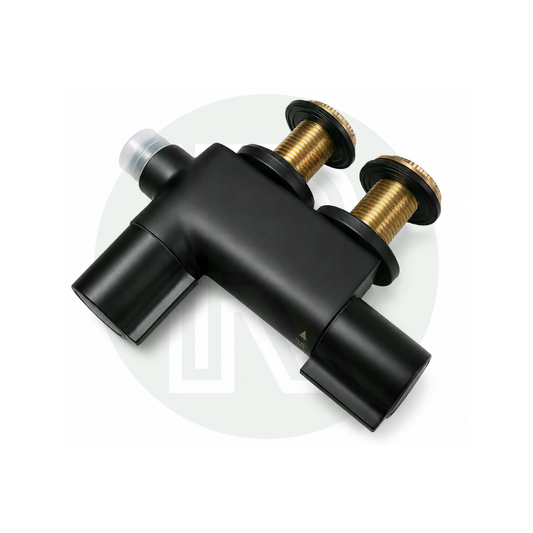 Mini black shower mixer valve angled view with rear 1/2 inch BSP connections