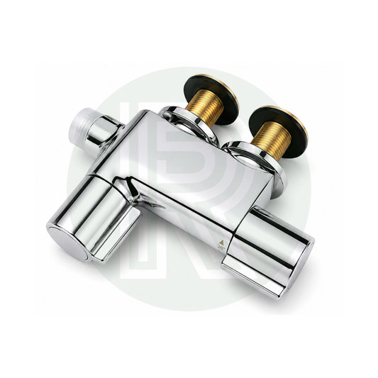 Mini chrome shower mixer valve angled view with rear 1/2 inch BSP connections