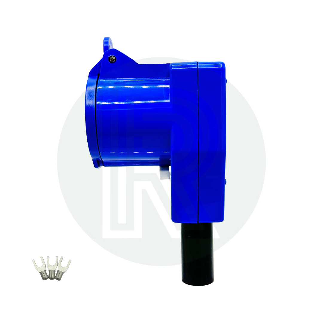 Blue Powerpart right angle mains hook up coupler for caravan campervan and motorhome campsite electrical connections