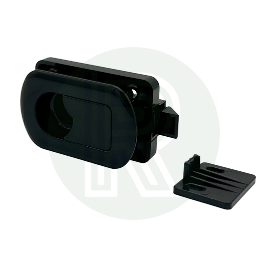 Black Princess flush door latch showing release handle for caravan motorhome and campervan furniture applications
