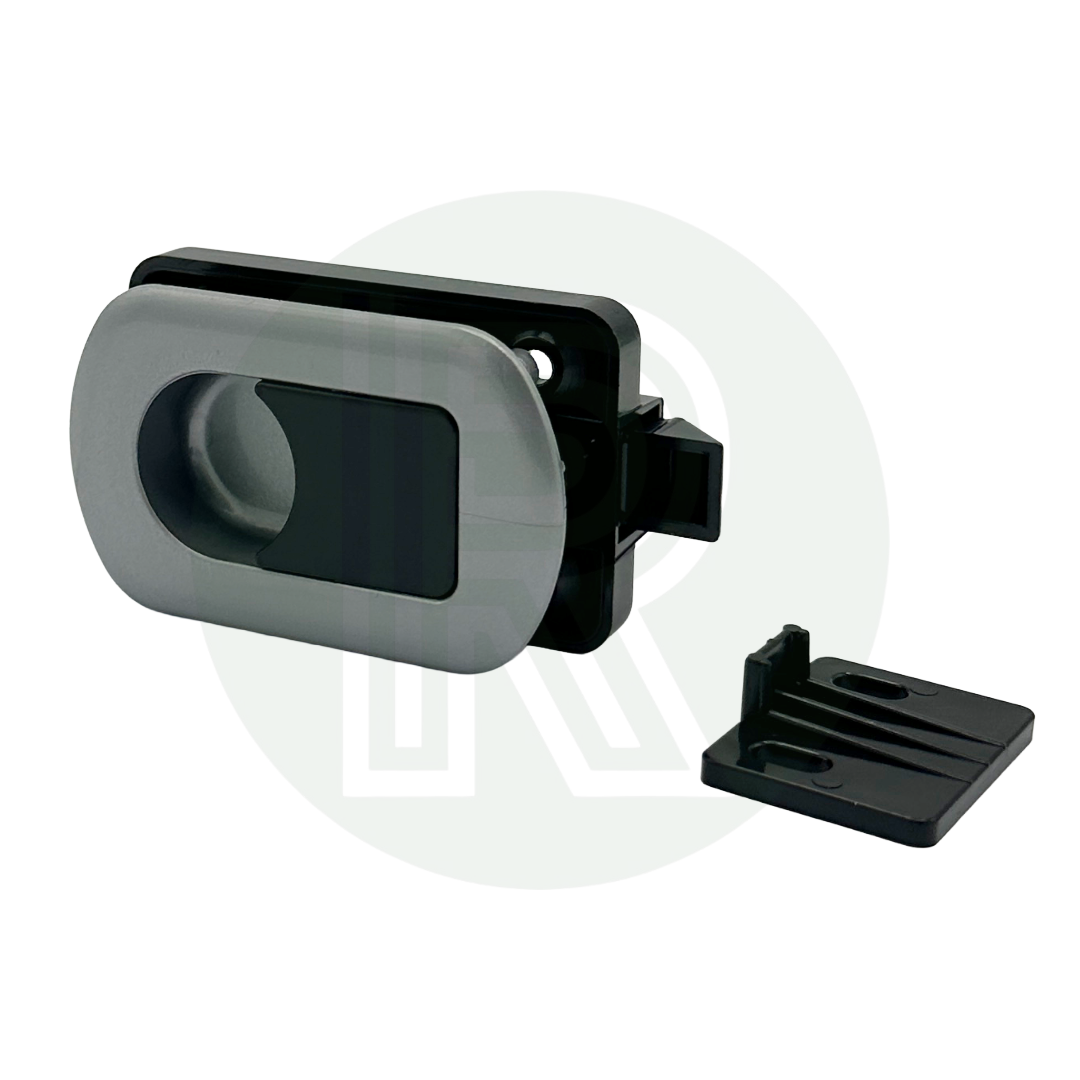 Silver Princess flush door latch showing release handle for caravan motorhome and campervan furniture applications