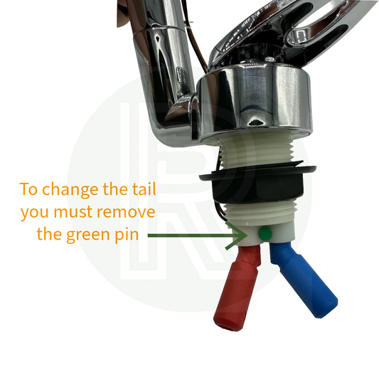Reich mixer tap installation guide showing the green retaining pin that must be removed to replace the blue cold water barbed connector tail.