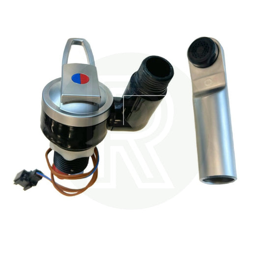 Reich Keramik matt chrome folding mixer tap showing the tap body, folding spout and hot and cold water connections.