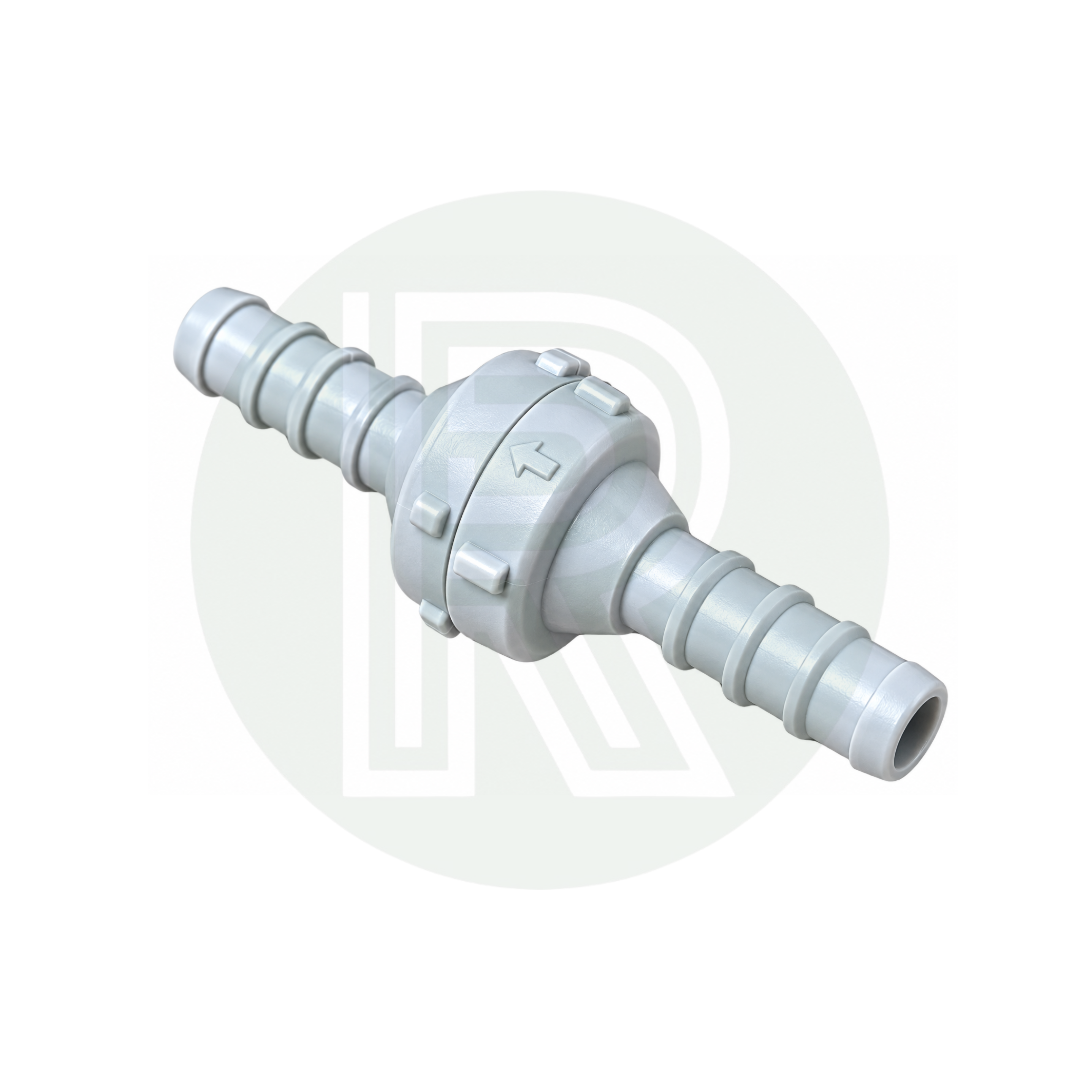 Angled view of Reich UniQuick 12mm non-return water valve for caravan and motorhome fresh water plumbing systems.