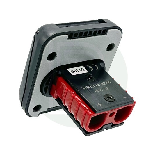 Rear view of Anderson 50A connection showing mounting plate, terminals, and integrated red connector housing.