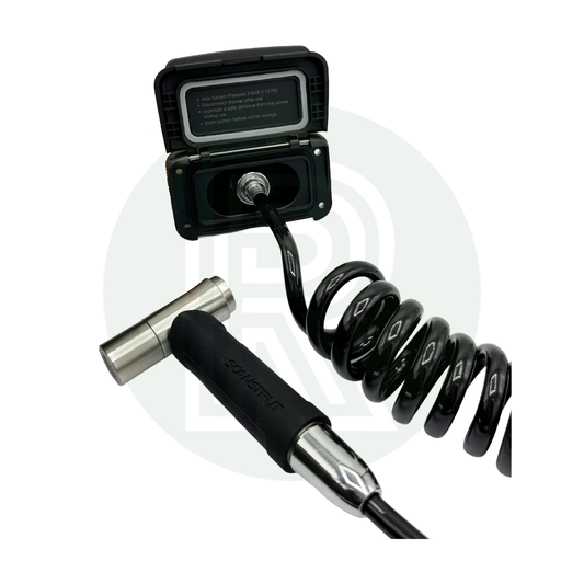 Closed waterproof washdown socket with hinged lid and attached coiled hose and spray nozzle.