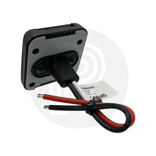 Rear view of the SAE solar connector showing mounting plate, gasket, and attached red and black power cables.