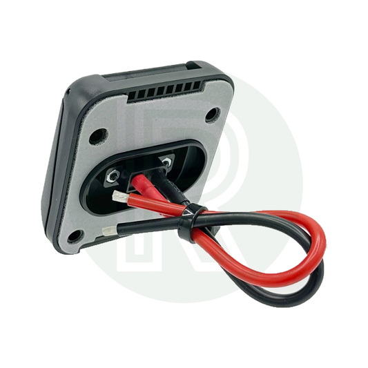 Rear view of XT60 solar connection showing electrical terminals, mounting plate, and cable wiring.