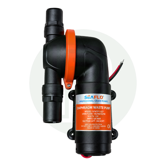 Seaflo 12V diaphragm waste pump shown from the side with orange pump housing, inlet and outlet connections.