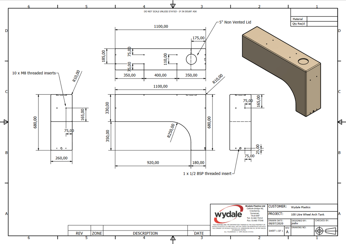 Wydale 100 litre wheel arch water tank technical drawing with dimensions and mounting points