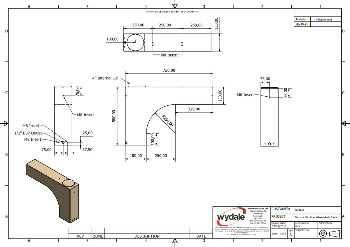 Wydale 24 litre black wheel arch water tank technical drawing showing dimensions and mounting points