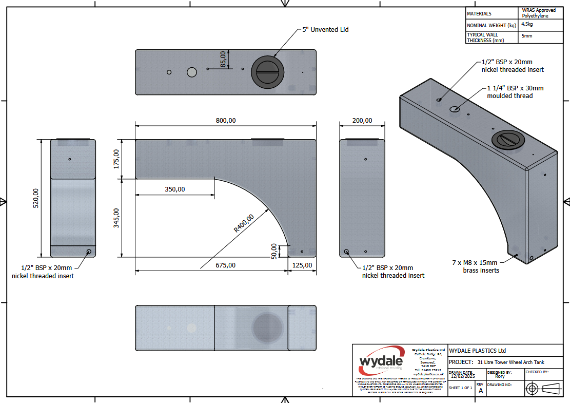 Wydale 37 litre wheel arch water tank technical drawing with dimensions for VW T7 and Ford Transit Custom