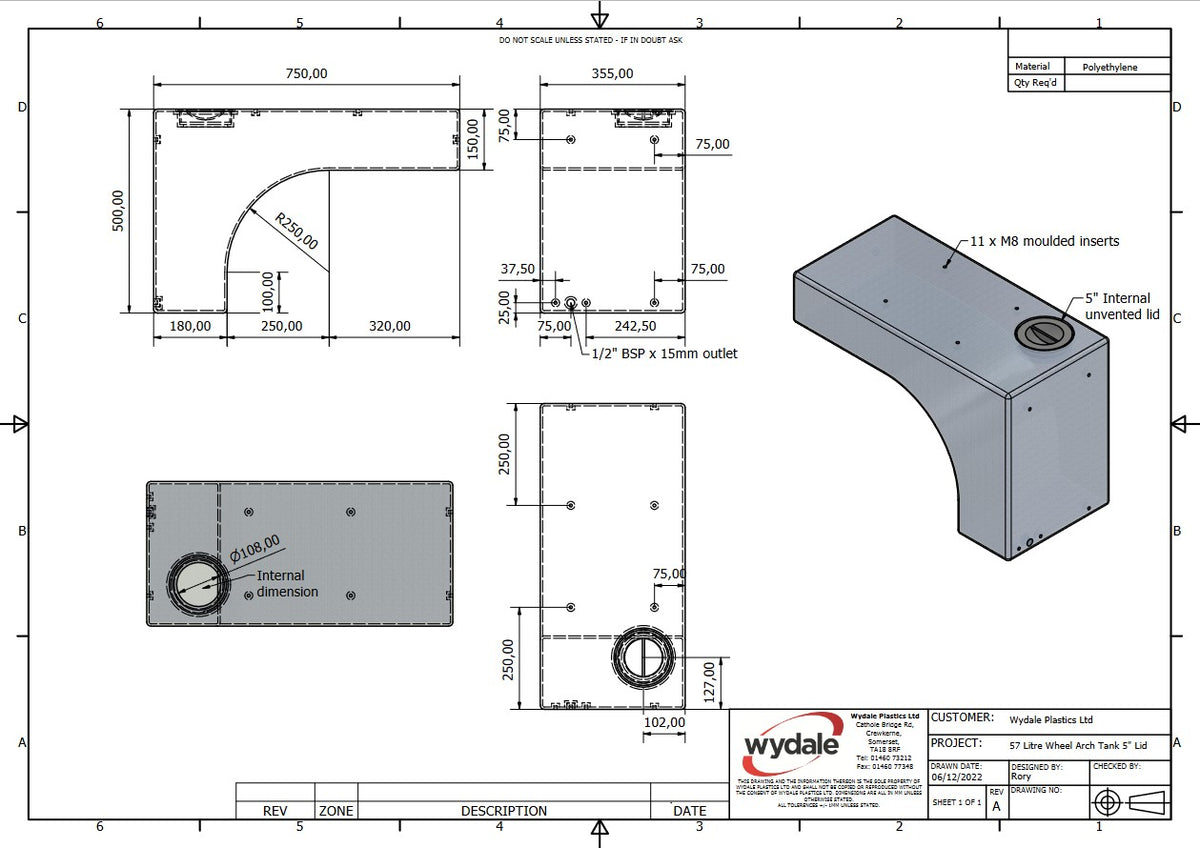 Wydale 57 litre black wheel arch water tank technical drawing showing dimensions and mounting points